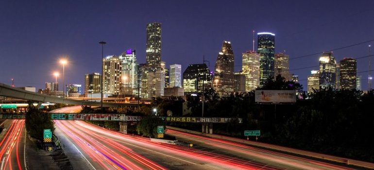 Houston at night, shiny buildings